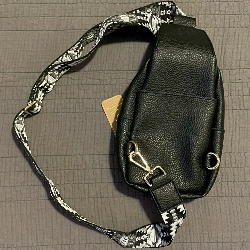 Simply Southern Black Fuzzy Leather Sling Purse with Aztec Pattern Strap - Picture 2 of 4